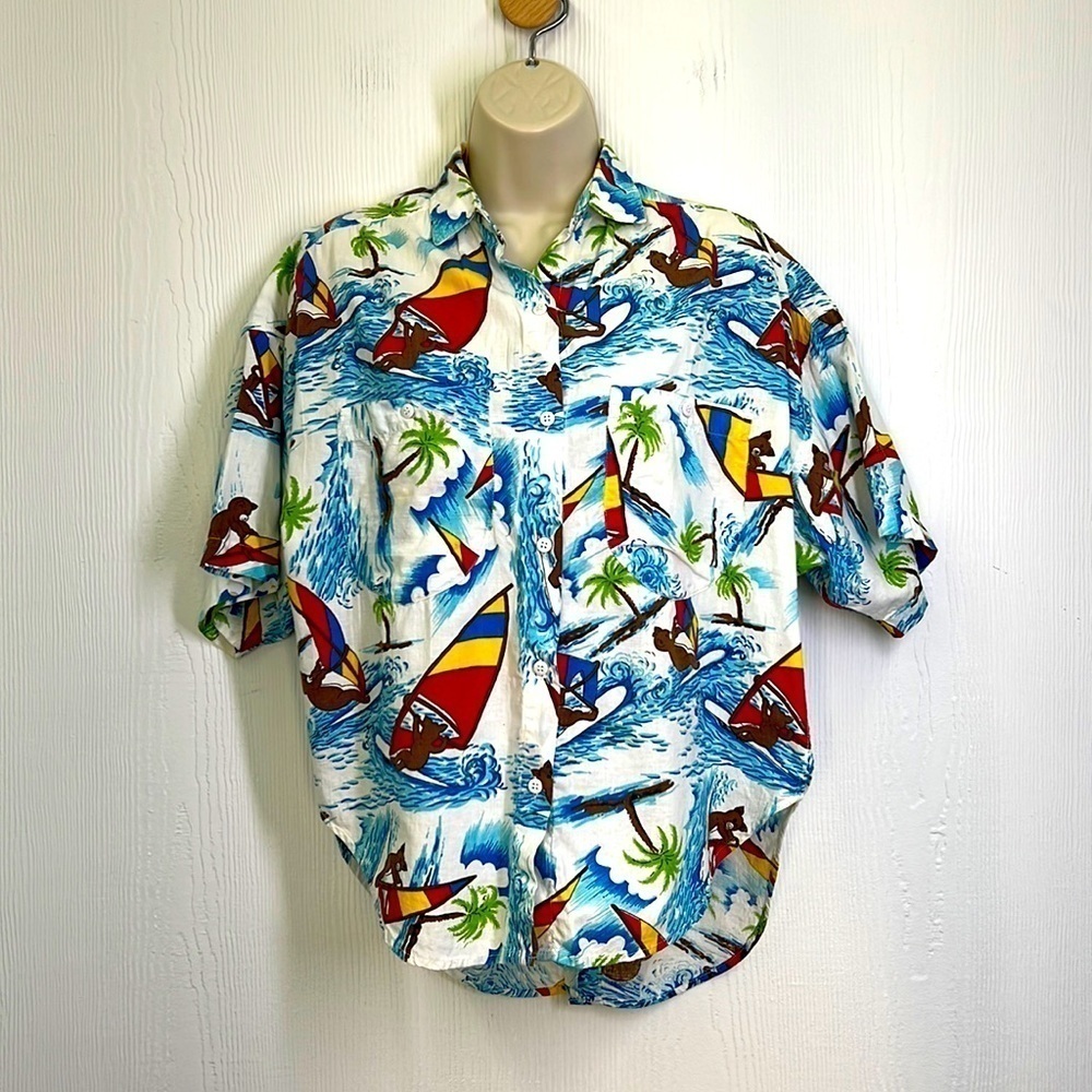 Andrew Sport - Bears Windsurfing And Palm Tree Button Down Short Sleeve Top Sm